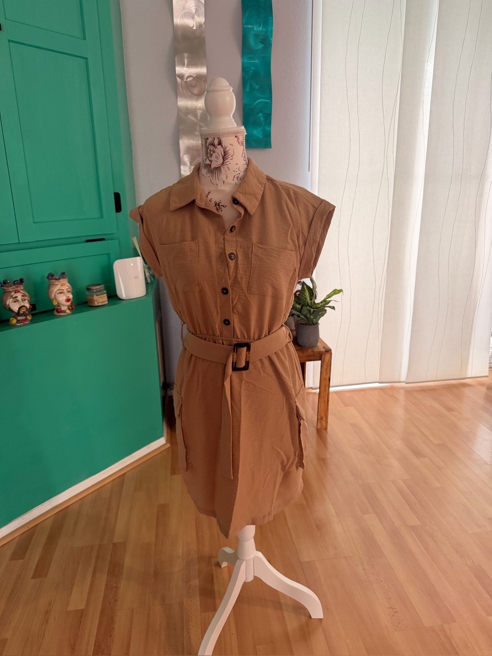 Belted Shirt Mini Dress in Tan